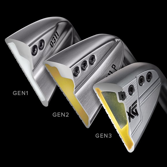 Three PXG clubs on a black background, cut open to see inside