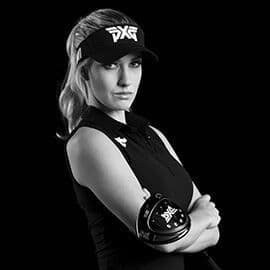 Paige Spiranac headshot on a black background - holding a PXG club