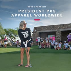 Renee Parsons putting with people watching in the background, text over image has her title as President of PXG Apparel Worldwide